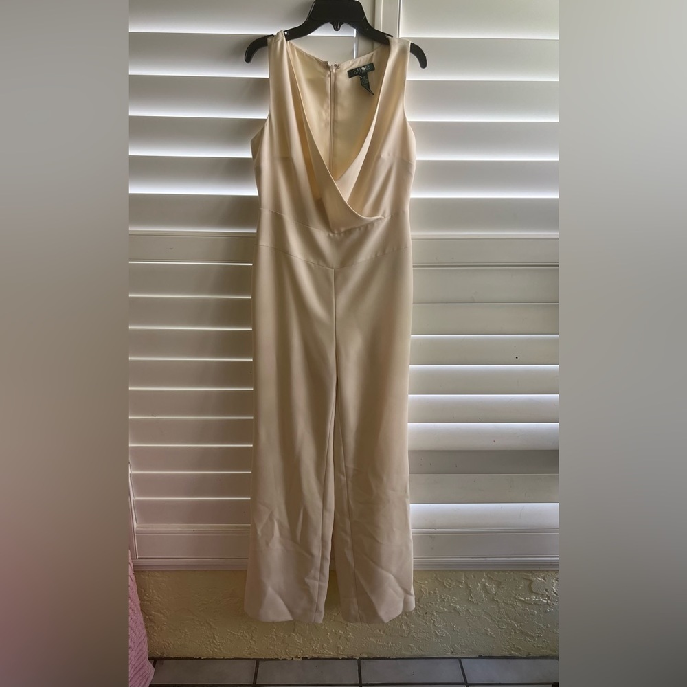 Vintage 90s Lauren by Ralph Lauren Jumpsuit. Ivory Crepe Size 4P.